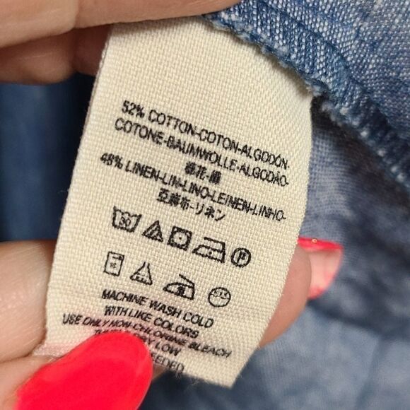 Free People Blue Linen Bow Sleeve Off the Shoulder Chambray Blouse Casual Top - Picture 8 of 8